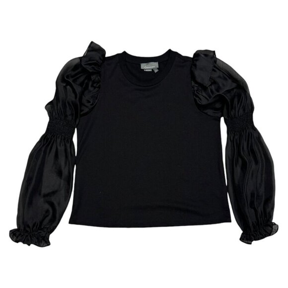 Anthropologie Ruffled Sheer Puffy Sleeve Womens Black Blouse Top Shirt Medium - Picture 1 of 5